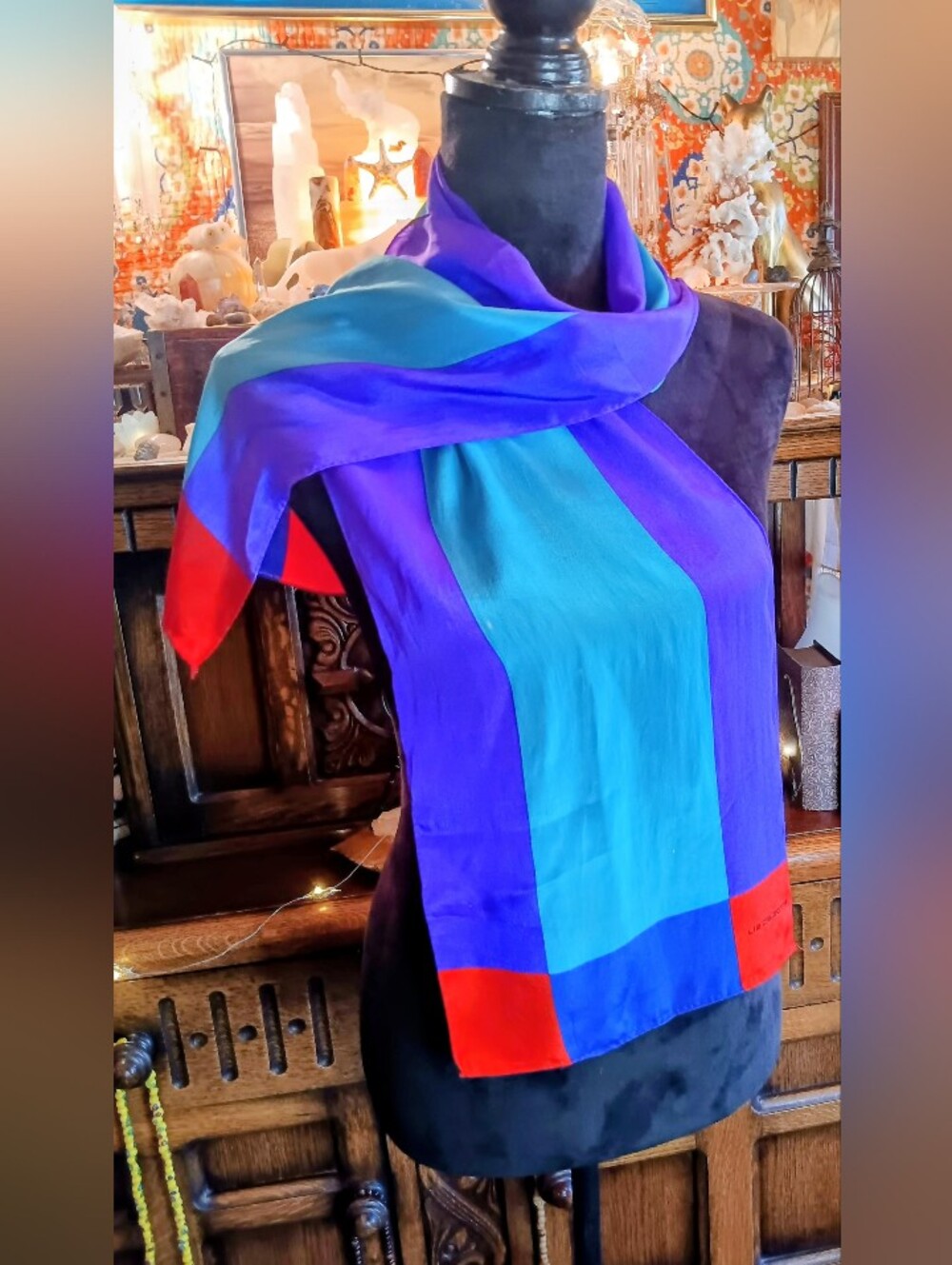 Vintage Liz Claiborne Colorblock Silk Scarf in Purple, Teal & Red